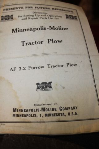 Minneapolis Moline Af 3 - 2 Furrow Tractor Plow Set Up,  Operating And Repair List photo