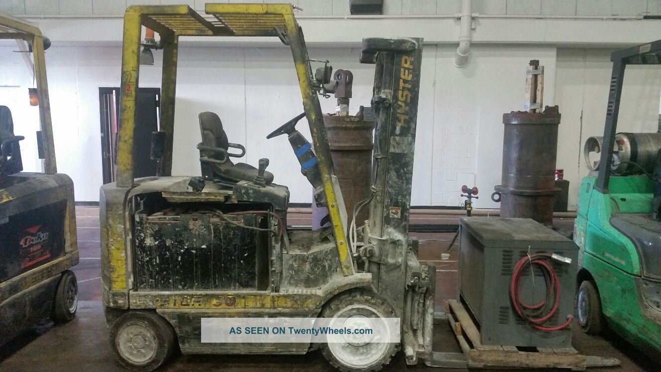 Electric Hyster Forklifts (2), Batteries (2), And Charger (1)