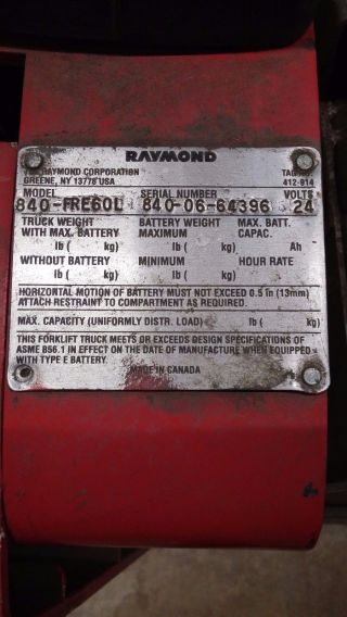 Raymond Forklift Model 840 / 6000lb Capacity,  24 Volt Condition photo